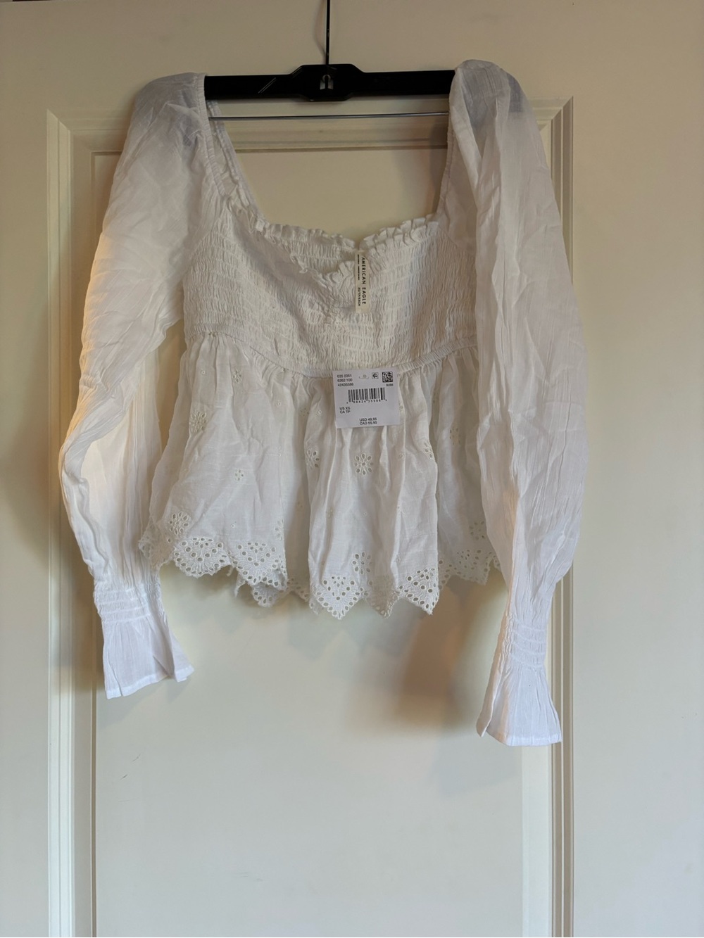 American Eagle Outfitters White Eyelet Smocked Peasant Blouse